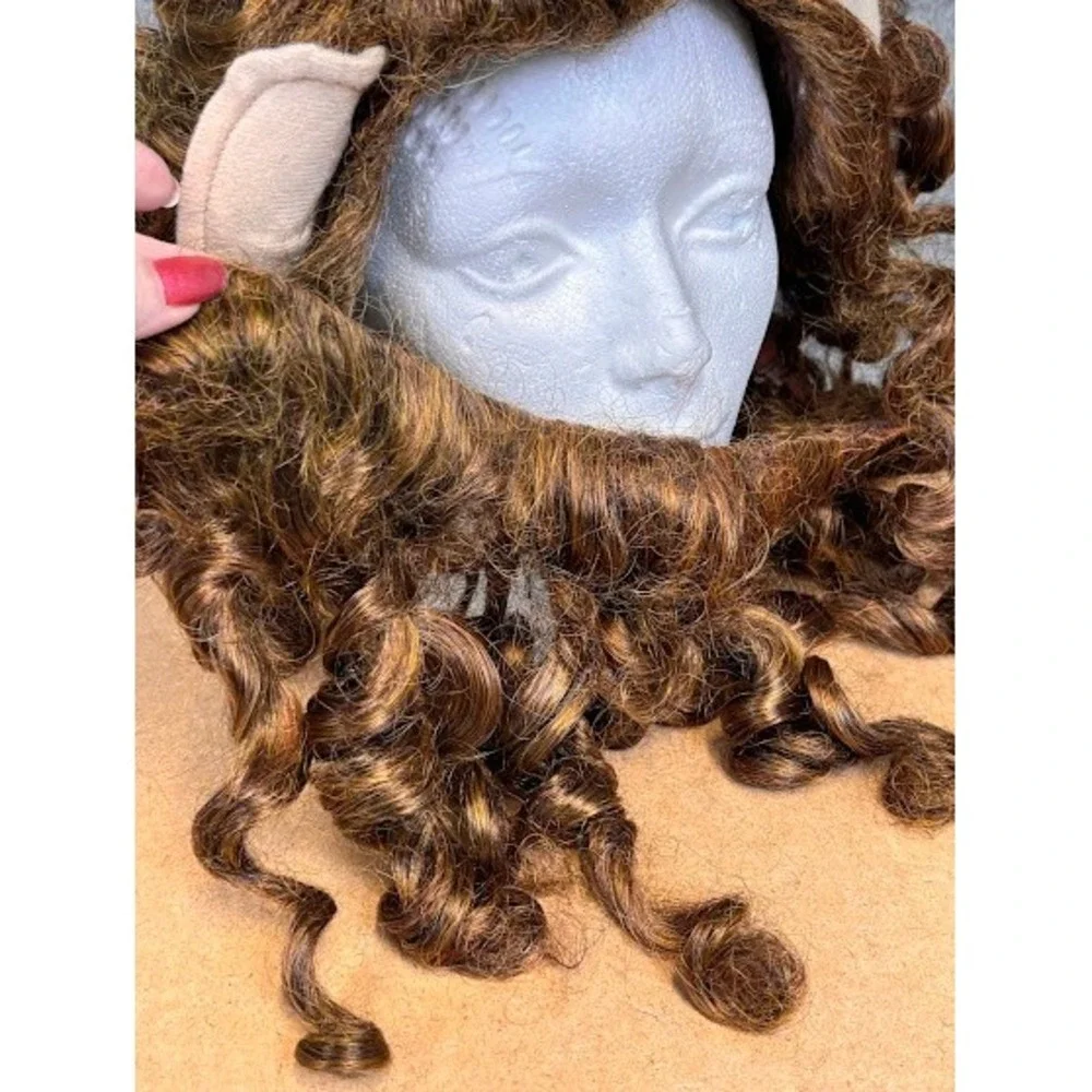 Brown Curly Lion Costume Wig with Ears and Beard Synthetic‎ Fiber Adjustable Cap